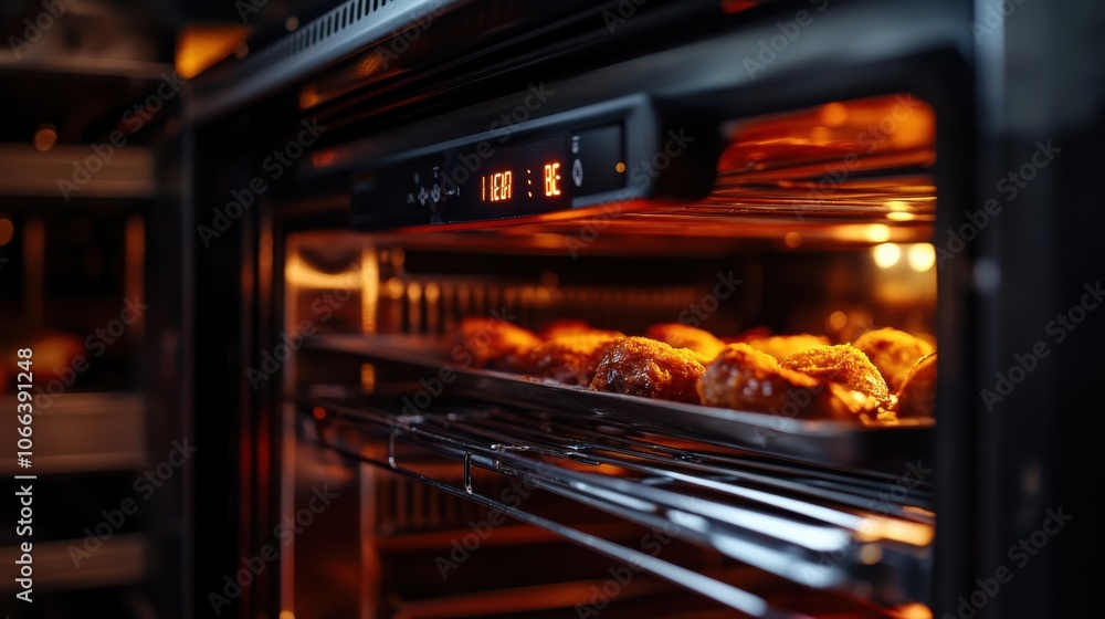 Close-up of a digital temperature sensor inside a commercial oven, precision cooking, food technology Close-up of a digital temperature sensor inside a commercial oven, precision cooking, food technology