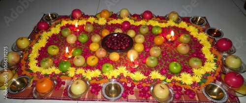 Colorful Offering of Fruits Flowers and Diyas Carefully Arranged for Sacred Chhath Puja Worship by the River. photo