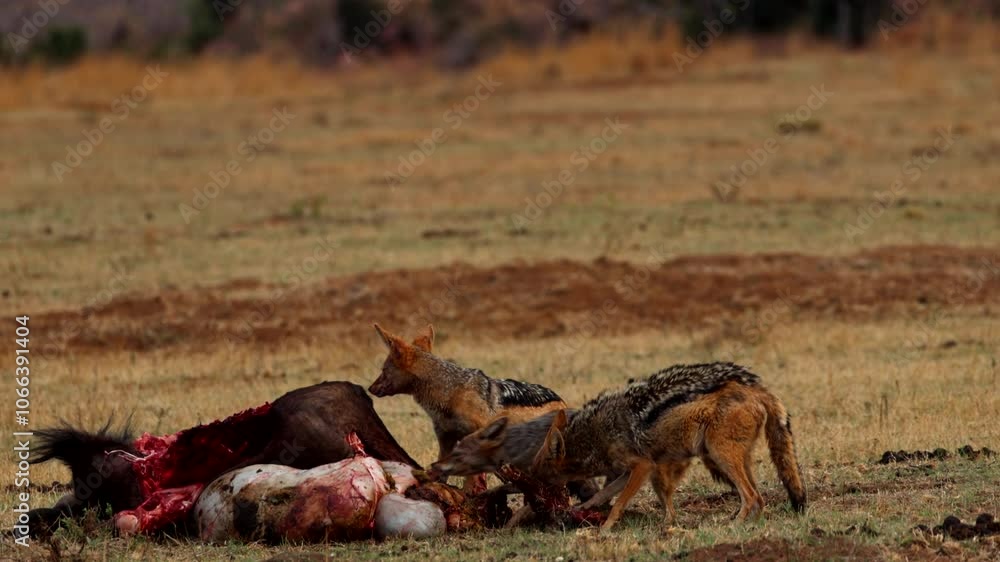 Black-backed jackals feeding on left-over carcass in dry African field Black-backed jackals feeding on left-over carcass in dry African field