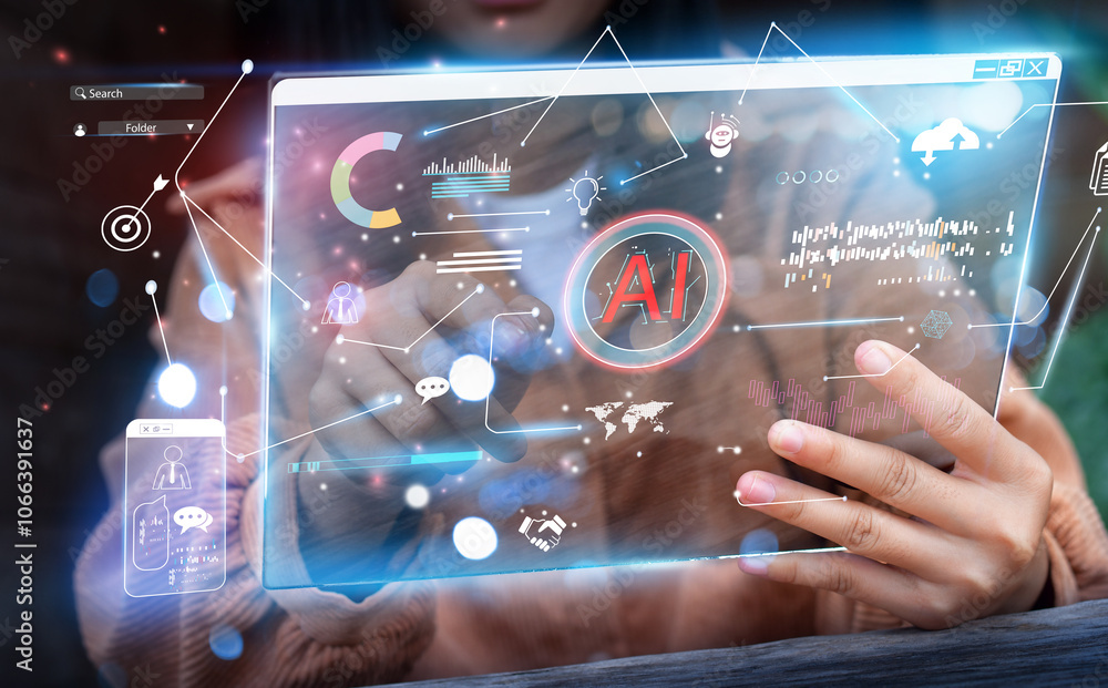 An analyst uses a computer ai and dashboard for data business analysis and Data Management System with KPI and metrics connected to the database for technology finance, operations, sales, marketing