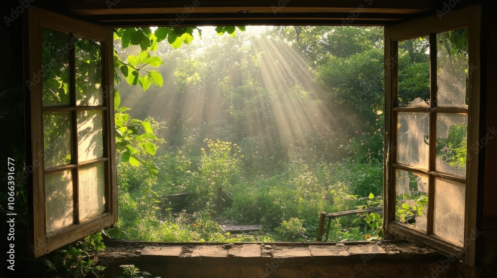 Fototapeta premium Sunlight streams through a rustic window, illuminating a lush green garden.