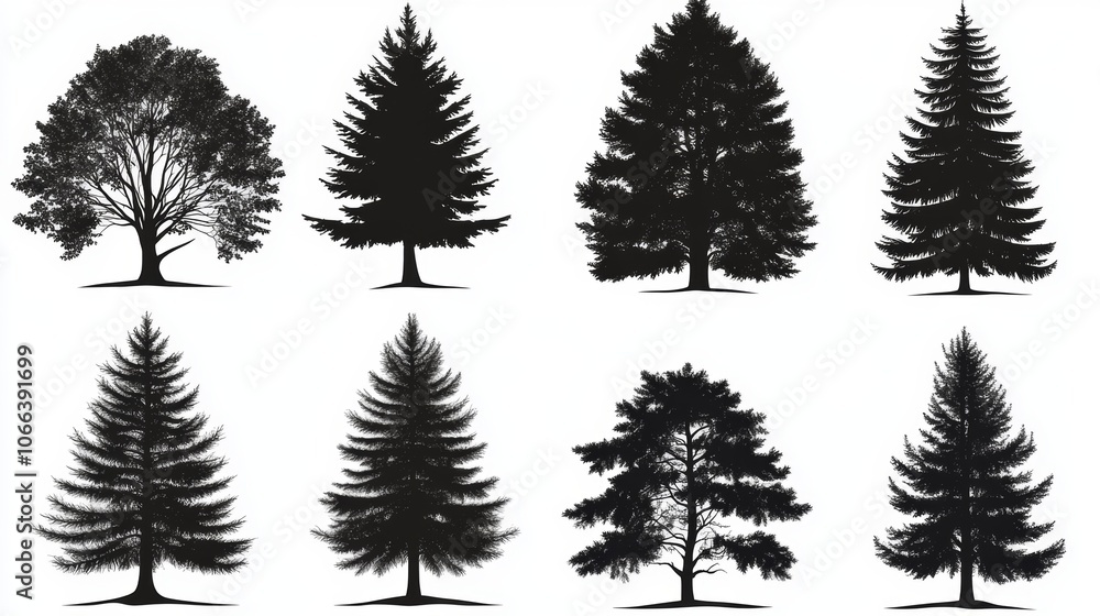 Obraz premium Eight Black Silhouettes of Diverse Trees Nature Forest Ecology Botany Design