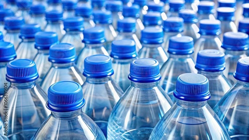 Close-up of plastic water bottles with blue caps, plastic, water bottles, blue caps, close-up, hydration