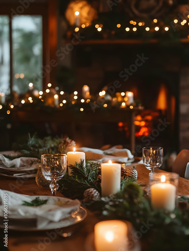 Cozy table with candle and blurred background