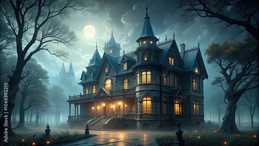 Gothic mansion on a foggy night with an eerie atmosphere, mansion, gothic, fog, night, eerie, atmosphere, creepy, haunted, spooky Gothic mansion on a foggy night with an eerie atmosphere, mansion, gothic, fog, night, eerie, atmosphere, creepy, haunted, spooky