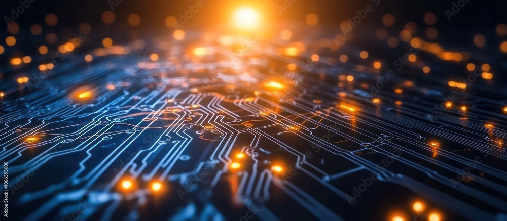 Fototapeta premium chip and circuit board on technology background. Brightly glowing pixels on a semiconductor surface