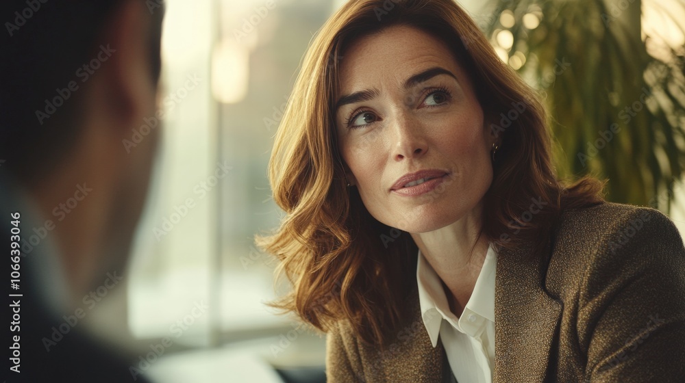 Fototapeta premium A woman with brown hair and a white shirt is talking to a man