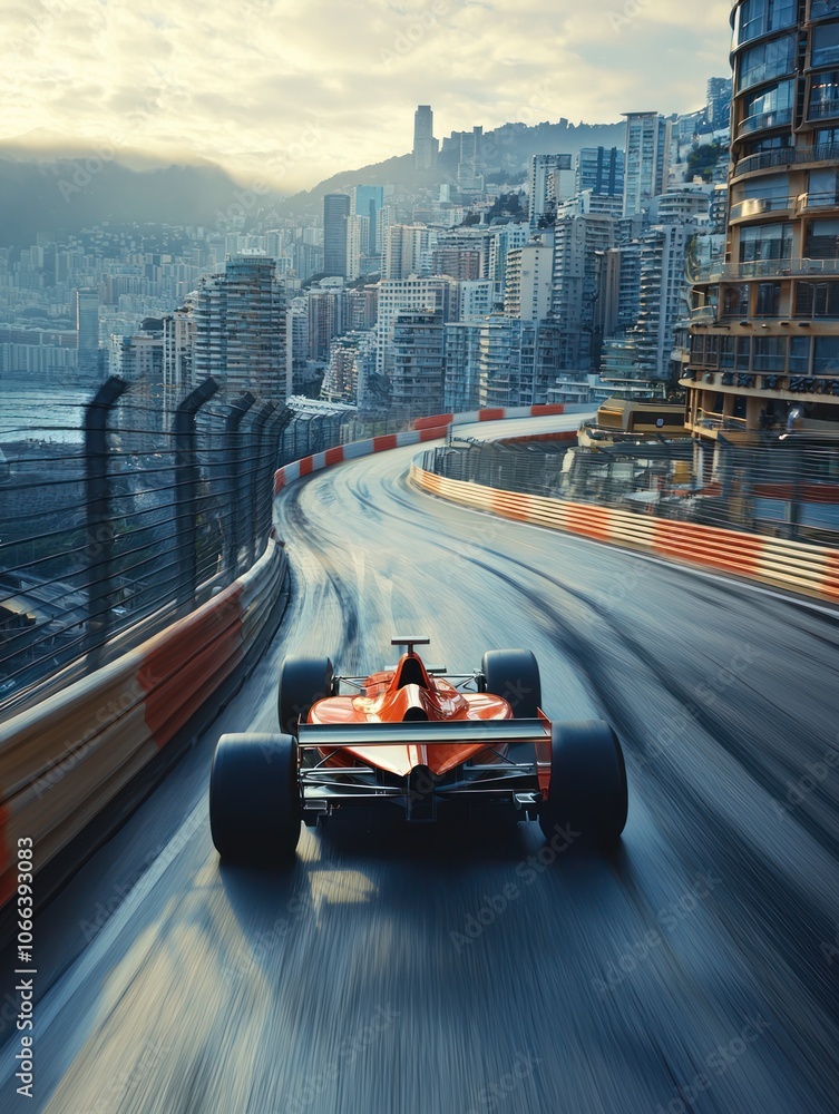 Fotobehang Formule 1 Red Formula 1 car racing through a scenic urban track at sunset, high-speed action and cinematic cityscape #1066393083