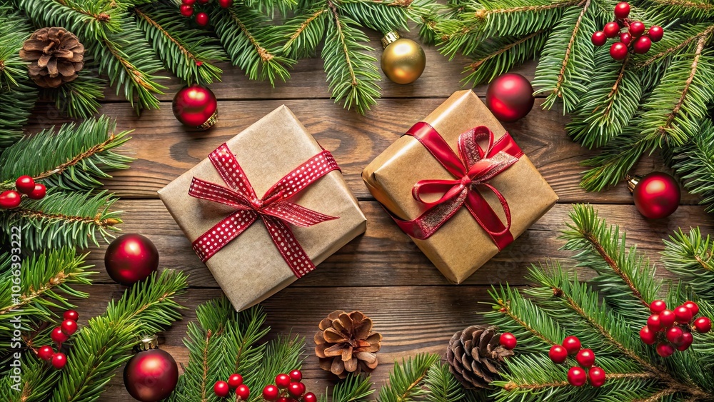 Festive Christmas gift boxes surrounded by fir tree branches and decorations, Christmas, holiday, gift boxes Festive Christmas gift boxes surrounded by fir tree branches and decorations, Christmas, holiday, gift boxes