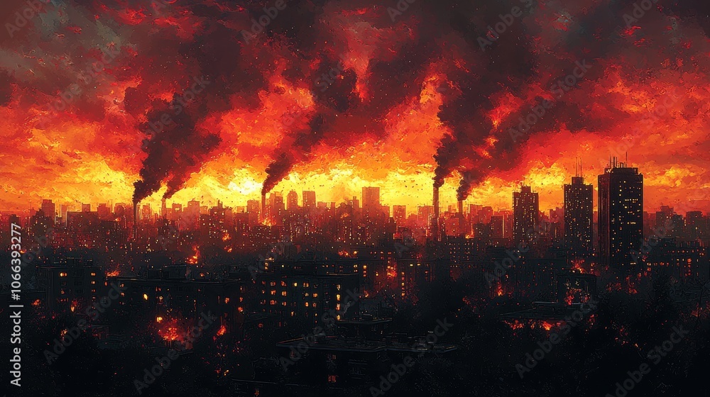 Fototapeta premium Industrial Pollution and Urban Sunset Graphic