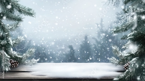 Christmas and New Year background with fir branches and snowfall on wooden white board