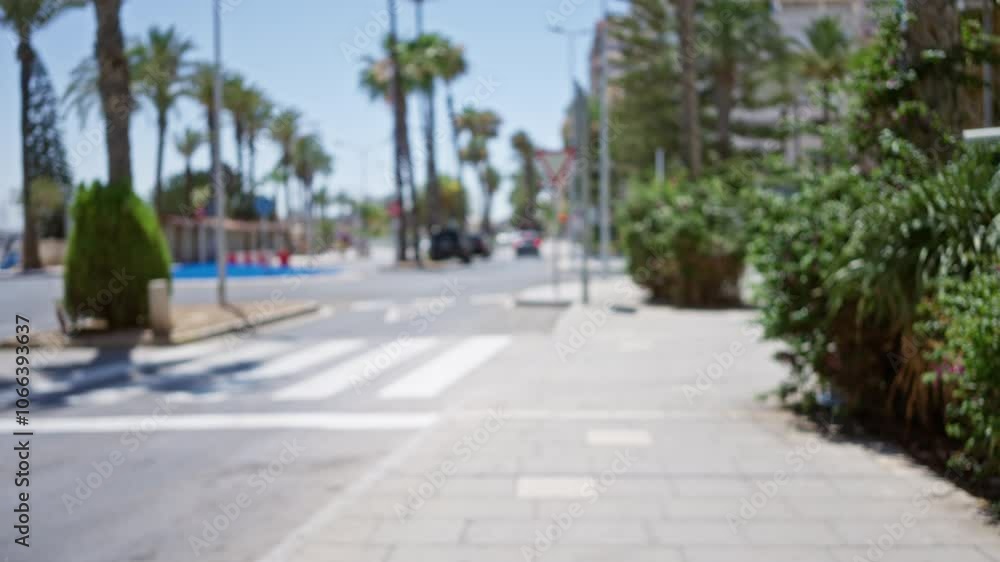 Blurry street view in bright daytime features palm trees, sidewalk, crosswalk, cars and plants suggesting a typical summer day outdoors Blurry street view in bright daytime features palm trees, sidewalk, crosswalk, cars and plants suggesting a typical summer day outdoors