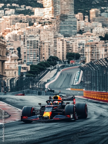 Formula 1 car navigating a challenging urban circuit with stunning cityscape backdrop, high-speed action photo