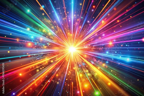 abstract explosion of colorful light beams and particles aerial