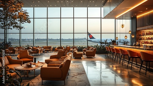 Airport Lounge Interior with Large Window and Airplane View