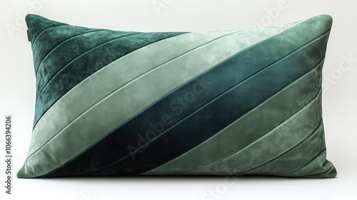 Green velvet pillow with diagonal stripes.