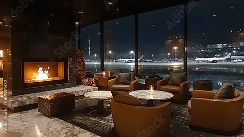 Modern Lounge with Fireplace and Airport View at Night