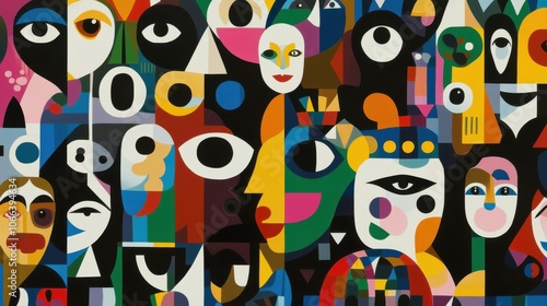 Cubist-inspired abstract faces in vibrant colors