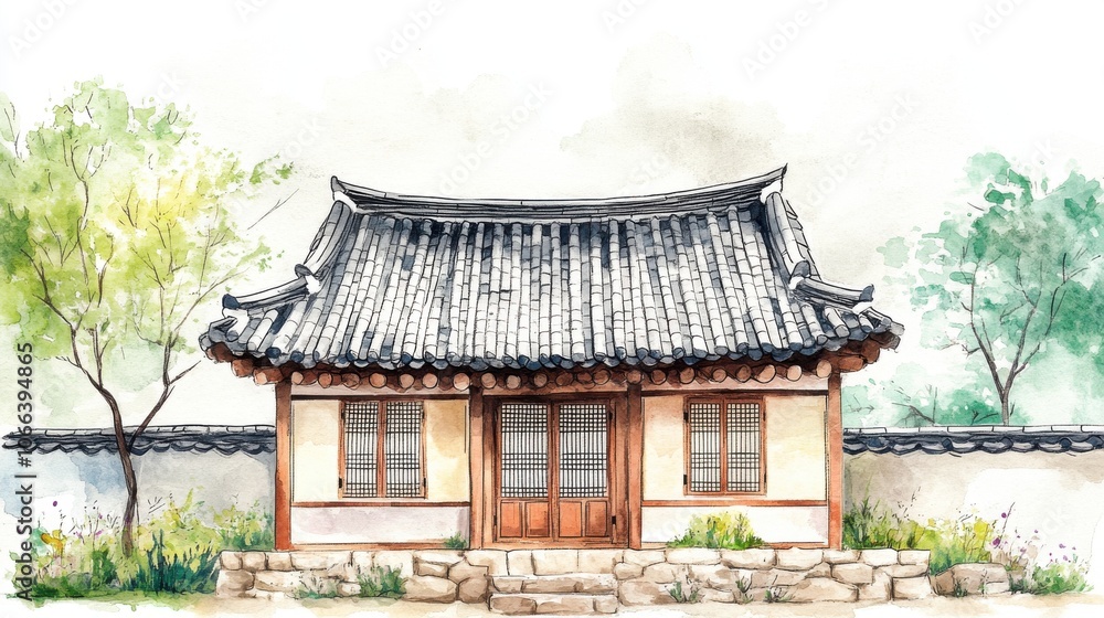 pen drawing and water color painting, an illustration of a Korean traditional house, The design is simple with a Korean new year vibe and cute style in the flat design pen drawing and water color painting, an illustration of a Korean traditional house, The design is simple with a Korean new year vibe and cute style in the flat design