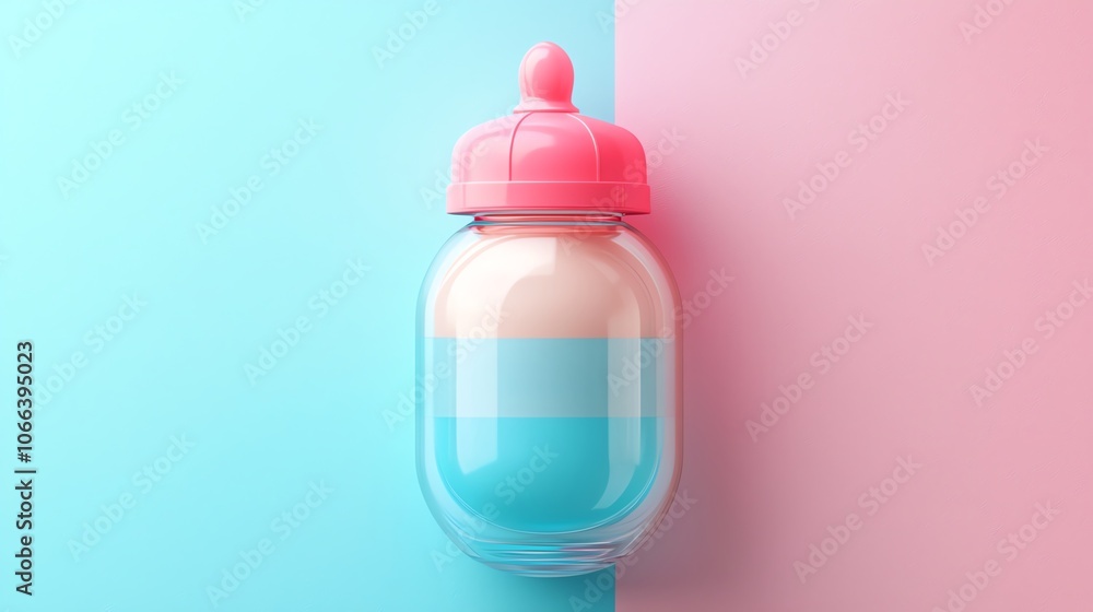 Baby bottle graphic, flat design, top view, modern baby shower theme, 3D render, triadic color scheme Baby bottle graphic, flat design, top view, modern baby shower theme, 3D render, triadic color scheme