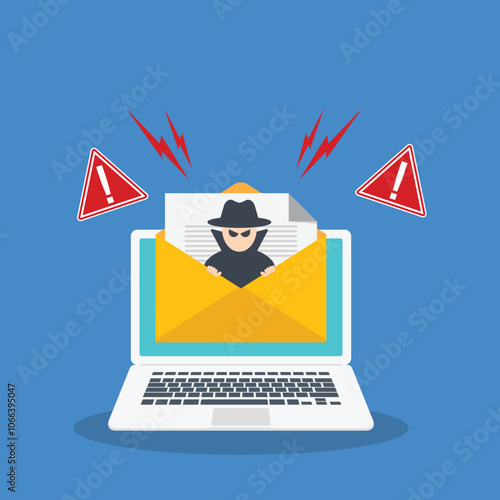 Email data phishing. Cyber thief hide behind Laptop computer. Hacking concept.	