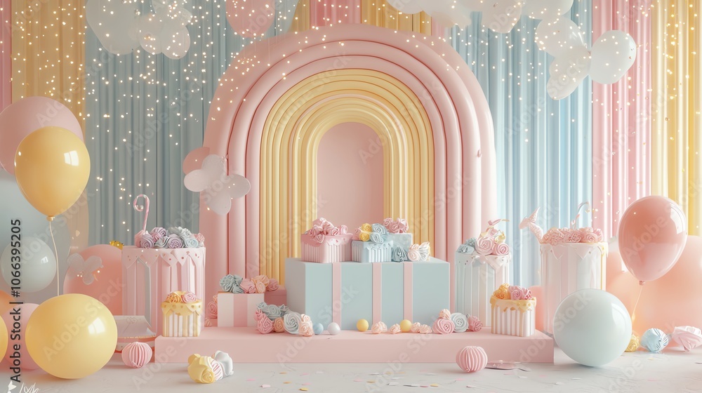 Baby shower party setup with pastel colors and fairy lights, 3D illustration Baby shower party setup with pastel colors and fairy lights, 3D illustration