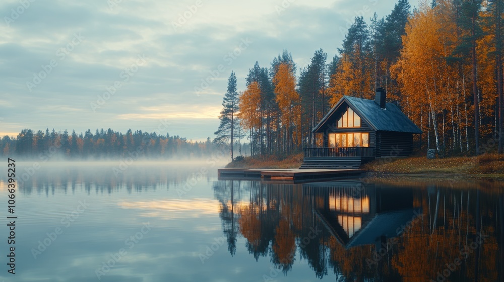 Fototapeta premium Serene Autumn Lake Cabin Retreat Misty Morning Reflection
