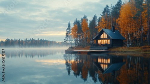 Serene Autumn Lake Cabin Retreat Misty Morning Reflection