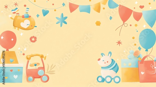 Baby toys design, flat design, side view, playful baby shower theme, cartoon drawing, vivid