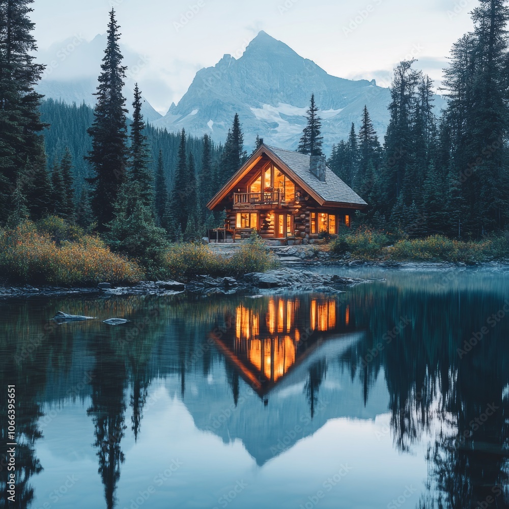 Fototapeta premium Mountain Lake Cabin Reflection Peaceful Nature Escape