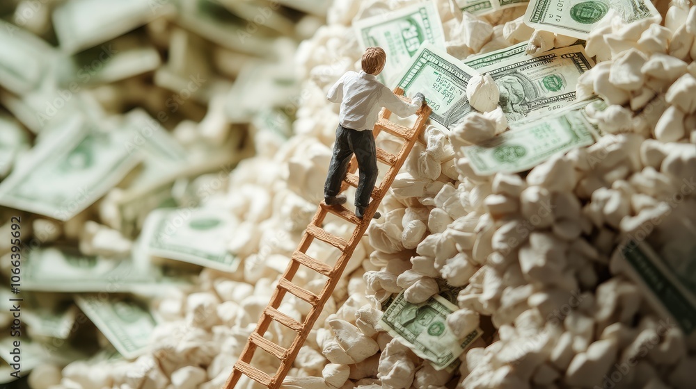 Artificial clay figure climbing toward money on a high ladder, illustrating the journey to success and business aspirations Artificial clay figure climbing toward money on a high ladder, illustrating the journey to success and business aspirations