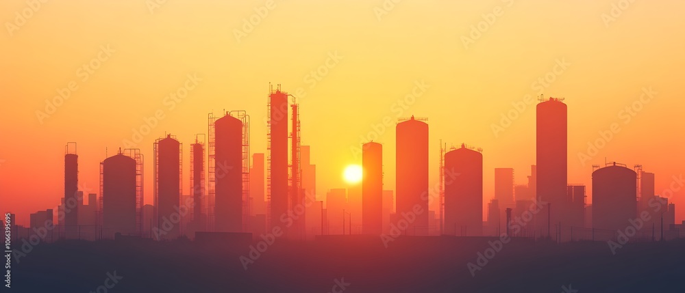 Stunning cityscape skyline with towering skyscrapers and silhouetted industrial refineries and storage tanks against a picturesque rural morning landscape bathed in golden sunlight with ample copy Stunning cityscape skyline with towering skyscrapers and silhouetted industrial refineries and storage tanks against a picturesque rural morning landscape bathed in golden sunlight with ample copy