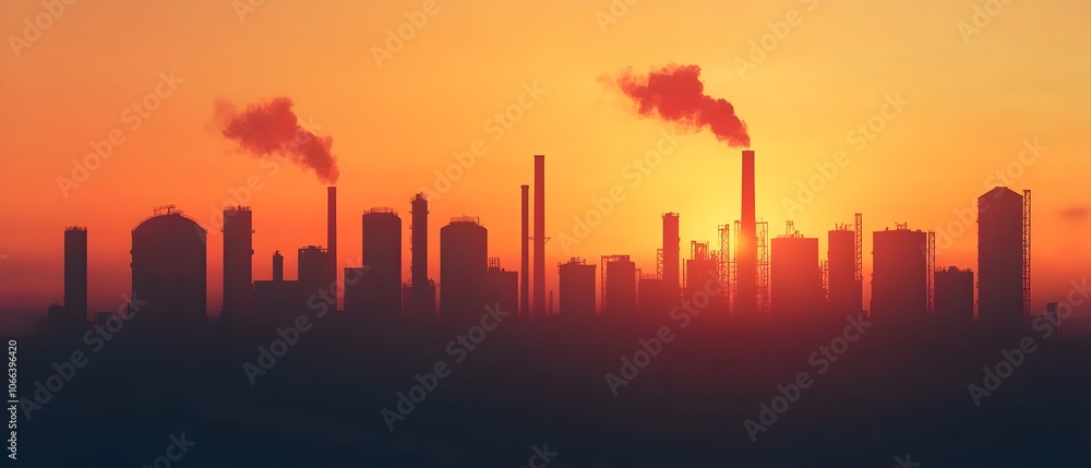 Atmospheric industrial landscape with a large refinery complex featuring storage tanks smokestacks and pipelines silhouetted against a vibrant morning or evening sky with a double exposure effect Atmospheric industrial landscape with a large refinery complex featuring storage tanks smokestacks and pipelines silhouetted against a vibrant morning or evening sky with a double exposure effect