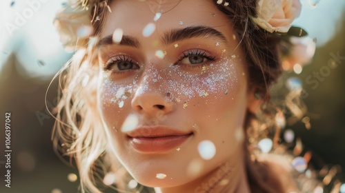 Festival Vibes: This woman captures festival vibes with her glittery face art and flower crown, showcasing the fun and vibrant side of beauty.
