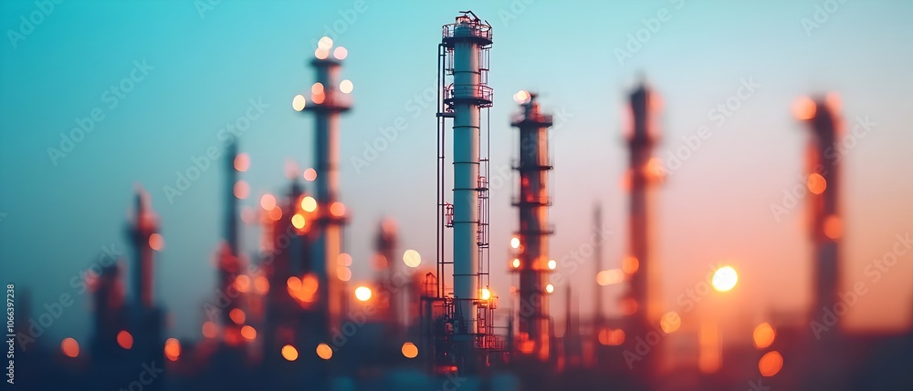 Obraz premium Captivating silhouette of a gas processing plant against a backdrop of illuminating night lights and a clear sky creating a striking contrast and an abstract industrial landscape