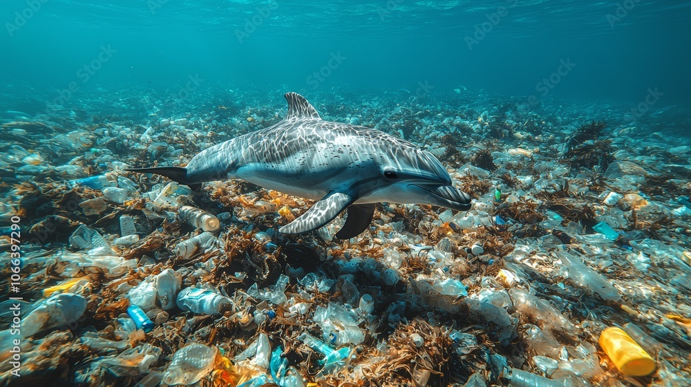 Fototapeta premium Dolphin Swimming Through Ocean Pollution Illustration