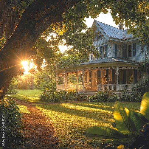 Sunrise at Historic Southern Mansion Porch Garden Path