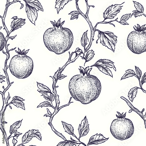 A seamless pattern of pomegranates drawn in a vintage style. photo