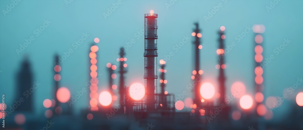 Refinery complex at dusk with bright industrial lights and silhouetted structures in a cold toned double exposure style cityscape This abstract Refinery complex at dusk with bright industrial lights and silhouetted structures in a cold toned double exposure style cityscape This abstract