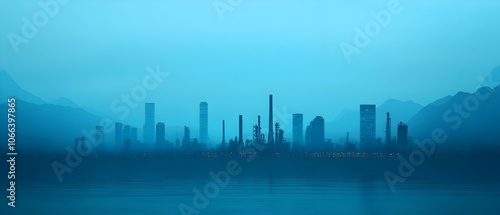 Nighttime refinery silhouette against a distant cityscape bathed in a soft blue glow and hazy atmosphere The of urban energy creates a moody mysterious and tranquil landscape