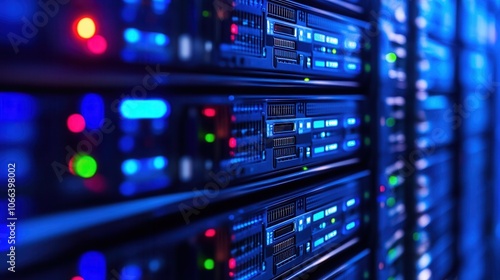 Close-up of illuminated server racks in a data center, showcasing modern technology infrastructure and digital information storage.