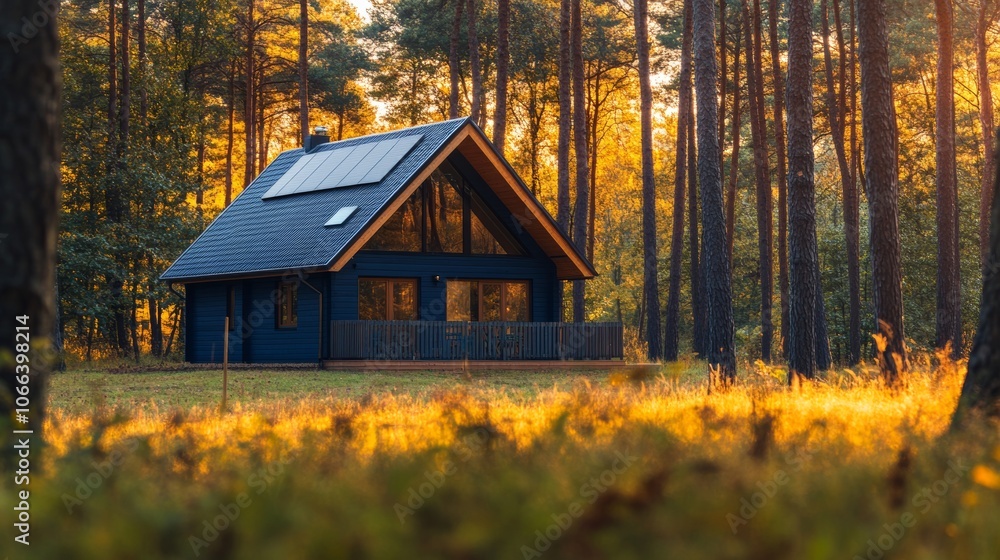 Modern Cabin in Autumn Forest Solar Panels Eco Friendly Home Modern Cabin in Autumn Forest Solar Panels Eco Friendly Home