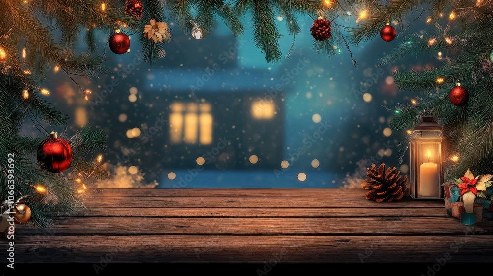 Christmas holidays scenic background with wooden table and christmas decoration. Christmas holidays scenic background with wooden table and christmas decoration.