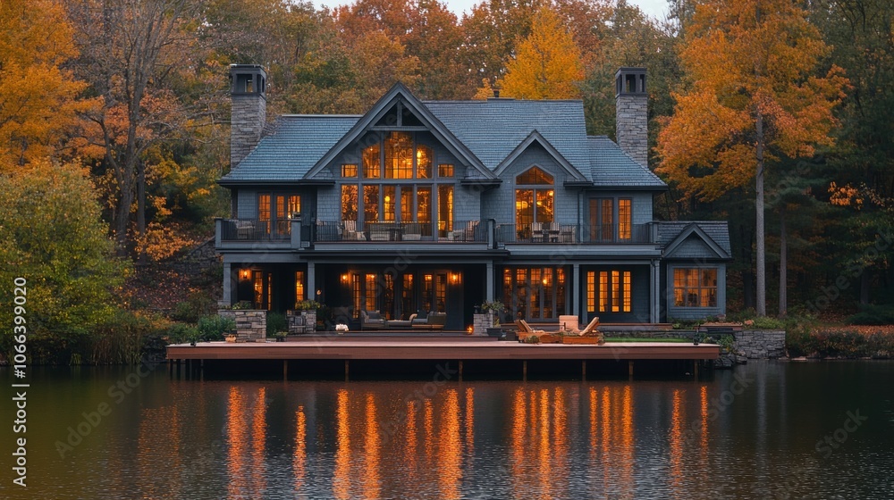 Luxurious Lakefront Home Autumn Evening Fall Foliage
