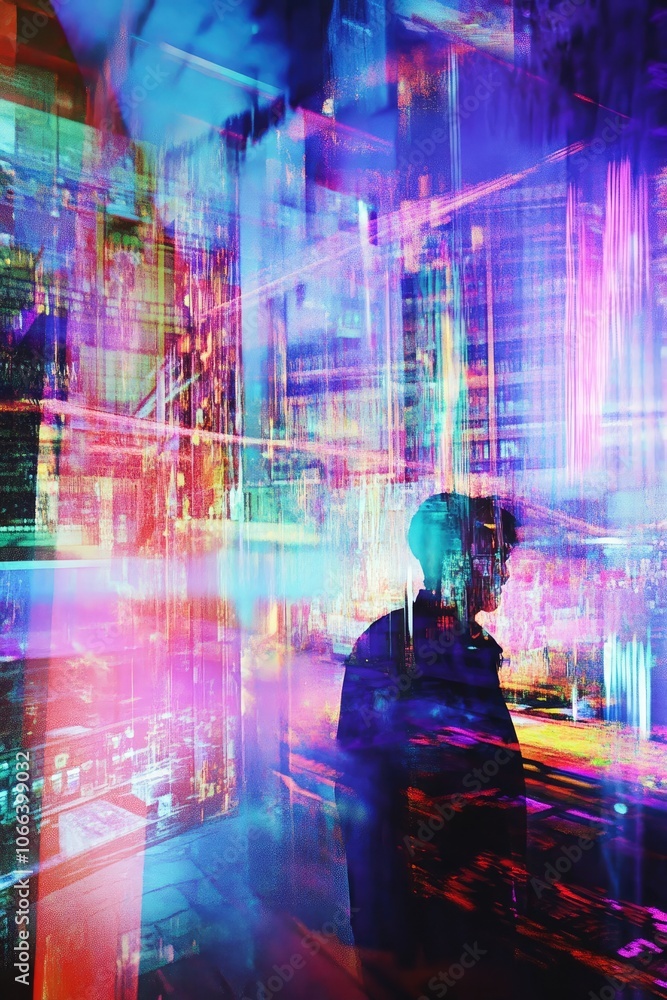 Surreal Futuristic Urban Ruins with Glitchy Textures, Ghostly Silhouettes, and Neon Lights Surreal Futuristic Urban Ruins with Glitchy Textures, Ghostly Silhouettes, and Neon Lights