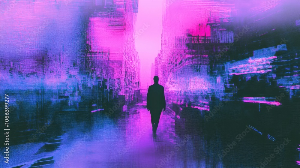Surreal Futuristic Urban Ruins with Glitchy Textures, Ghostly Silhouettes, and Neon Lights Surreal Futuristic Urban Ruins with Glitchy Textures, Ghostly Silhouettes, and Neon Lights