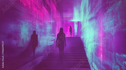 Surreal Futuristic Urban Ruins with Glitchy Textures, Ghostly Silhouettes, and Neon Lights