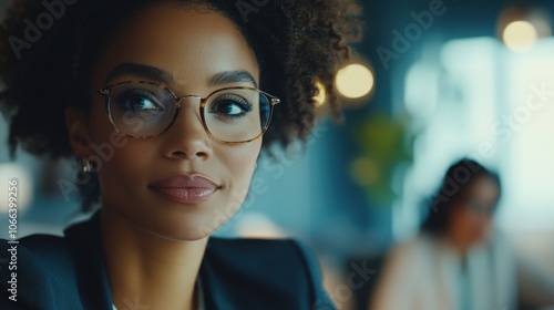 A woman wearing glasses is looking at the camera