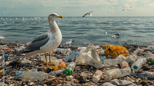 Pollution on the Beach with Littered Bottles and Bags