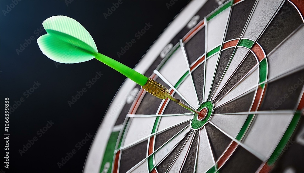 Focused Success: Bullseye Moment with Green Dart at the Center of the Target Focused Success: Bullseye Moment with Green Dart at the Center of the Target